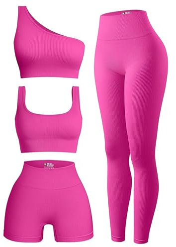 OIERD 4-teiliges Workout-Set für Damen, gerippte Leggings, Kleidung, Yoga-Sets, Activewear, passende Workout-Sets, Fitnessstudio, Pilates-Outfits, Pink, Small