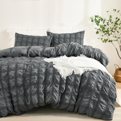 Fondream Grey Seersucker Duvet Cover Double Size Pompom Tassels Design Bedding Set Textured Bedding Set with Zipper Closure (Grey, Double)