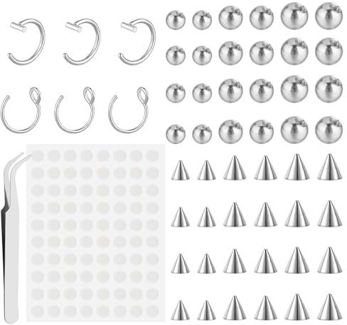 54pcs Piercing Balls Fake Eyebrow Rings Nose Lip Labret Studs 3MM 4MM 5MM Steel Color Fake Piercings With Sticker Non-Piercing Nose Rings Hoop Easy to Wear and Remove