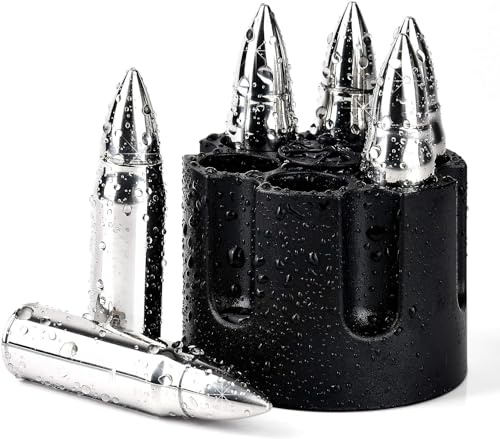Whiskey Chilling Stones Gifts for Men Him, 6PCS Reusable Stainless Steel Whisky Stones Bullets with Base, Mens Birthday Gifts for Dad for Husband Boyfriend (Silver)