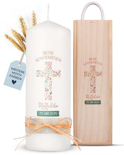 AMARI ® Konfirmationskerze personalisiert Floraler Segen (002.09.05) 20/7 cm- Kerze Konfirmation - Konfirmationskerze mit Namen und Datum - Konfirmation Kerze personalisiert Mädchen Junge