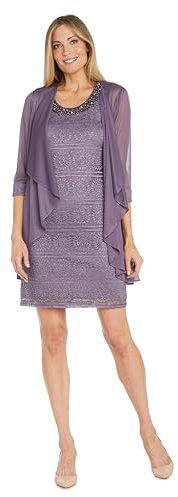 R&M Richards Formal Glitter Patterned Jacket And Dress Set Vestito, Viola, 50 Donna