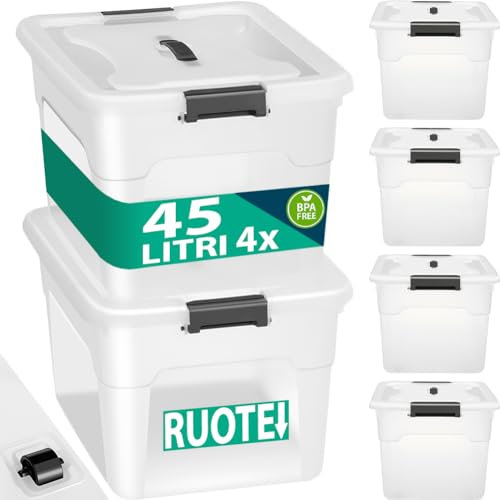BAKAJI Set 4 Contenitori con Coperchio per Vesiti in Plastica con Ruote, Portaoggetti Impilabile per Stoccaggio Vestiti, Scatole per armadio, Giocattoli, Libri, Salvaspazio (4 x 45 Lt Alto)