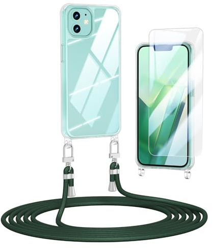 Anshow Verbesserte Handykette für iPhone 12 Mini Hülle mit Band + 1 Schutzfolie, Necklace Stoßfest Handyhülle iPhone 12 Mini Case Transparent Schutzhülle zum Umhängeband Abnehmbar, Dunkelgrün