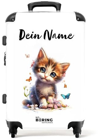 NoBoringSuitcases.com Kinderkoffer, Koffer Personalisiert, Kinderkoffer Mädchen, Koffer Groß, TSA Schloss, Kindertrolley Mädchen, 20 kg Koffer, Koffer Mittelgroß (Kätzchen - Weiß, 67 cm - 72 L)