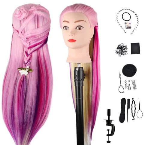 DaizySight Hair Styling Training Head Synthetic Hair, 26 Cosmetology Mannequin Head Hairdressing Manikin Doll Head with Clamp & Styling Tools (Multicolor)
