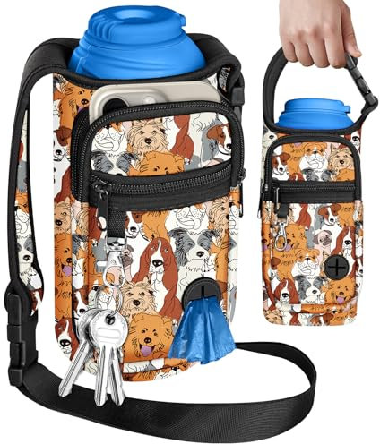 Toykee Portable Dog Water Bottle Carrier Bag for PupFlask 27oz - Travel Bottle Purse Sling with Phone Pocket Strap, Funny Brown Puppy Pet Water Bottle Holder Cover for Easy Walking Hiking (No Bottle)