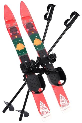 Makamsui Kinder Ski und Stöcke mit Bindung für Alter 2-4 Jahre, niedrig resistente Ski-Boards mit weihnachtlichem Muster, leicht, robust und sicher, Kinder-Skiausrüstung, Rot