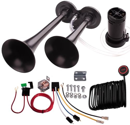 FARBIN Lautes Zug Horn für Auto 12V 150db Super Loud Air Horn Dual Trompete LKW Hupe mit Kompressor und Knopf (12V, Schwarzes Doppelrohr Luft hupe mit Knopf)