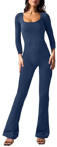 Robe Salopette Femme Enceinte Combinaison pour femme Combinaison longue sport, yoga, manches longues, moulante, body extensible, col carré, pantalon évasé serré, Salopette En Jean Femme Sexy (Navy, S)
