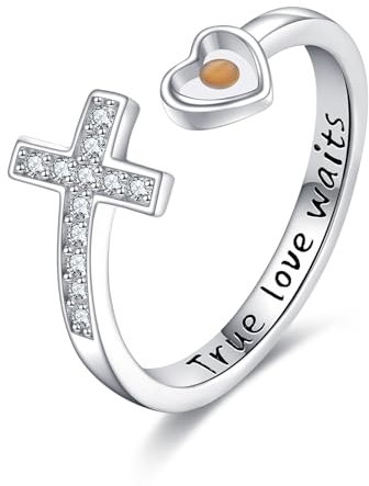 HUKKUN Kreuzreinheitsringe für Frauen aus Sterlingsilber, verstellbare Ringe des wahren Liebeswartens des Glaubens, Keuschering für Frauen