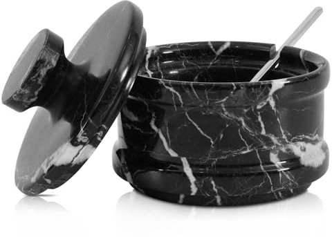 Radicaln Marble Salt Cellar with Lid 3.5 Inch Black Zebra Salt Box, Seasoning Container & Spice Jars, Stone Salt Holder for Counter, Spice Jar