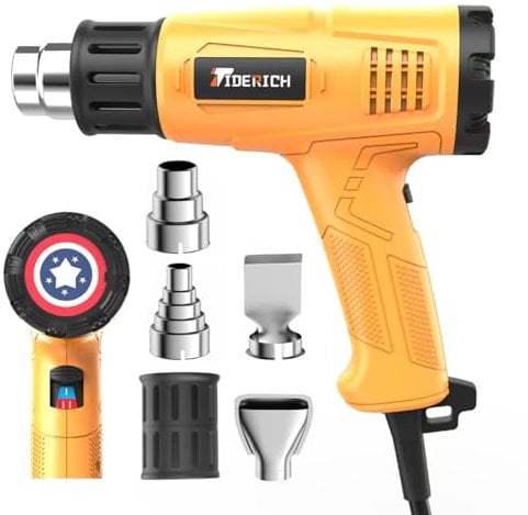 Heat Gun,1800W Fast Heat Up 122℉-1202℉,Heavy Duty in Compact Body,Steady Dual TEMP Setting by Rear-Mounted Switch,Multiduty Heat gun for crafting,Shrink Tubing,Vinyl Wrap,4 Nozzles (Yellow)