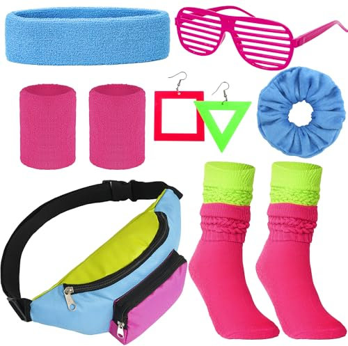 Peirich Ensemble de Costume Néon Années 80, Bandeau de Yoga, Guêtres, Bracelets et Banane Années 80-90 pour Femmes (Couleurs néon)