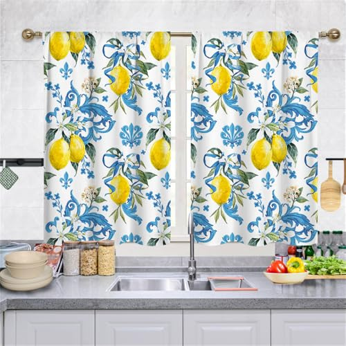Highdi 2 Stück Kurzgardine Wohnzimmer Küchen, Stangentasche Kurzer Scheibengardinen für Kleine Fenster,Landhausstil Bistrogardine Küche Kurzgardinen (Zitrone,70 * 100cm)