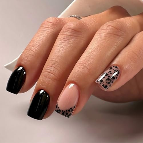 SXVME Black French Tip False Nails with Leopard Design, Natural Nude Press on Nails Short Square Glossy Gel Full Cover Coquette Acrylic Fake Nails Press ons for Women 24 Pcs