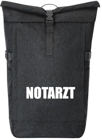 Huuraa Kurierrucksack Notarzt Schriftzug 30-44 Liter Black Melange Fairtrade Rolltop Rucksack Geschenkidee