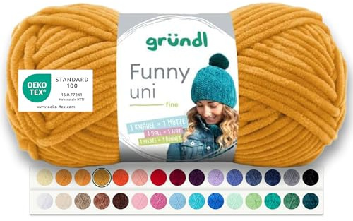 Gründl Wolle Funny uni - dicke weiche Chenille Wolle zum Häkeln - Häkelwolle - Strickwolle - Kuschelig und hautfreundlich - 100% Polyester - 1 Knäuel 100 g / 120 m - Nadelstärke 5-6 - Senf