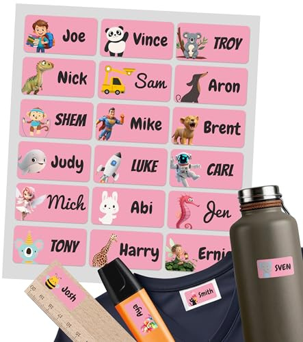 Set mit 100 Stück, Rosa – Personalisierte Namensaufkleber für Kinder – Wasserdichte & Waschmaschinenfeste Etiketten für Kleidung & Gegenstände – Ideal für Schule, Kindergarten & Kita