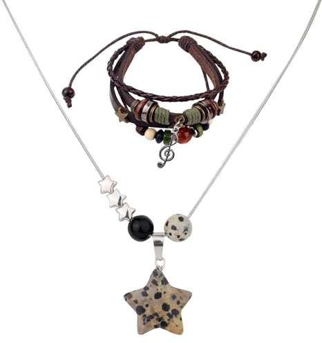 Mikovivi Fairy Grunge Halskette & Armband Set, Handgefertigtes Mehrschichtiges Lederarmband mit Geflochtenen Perlen Y2K Stern Halskette Gothic Punk Rock Musik Accessoires für Damen und Herren
