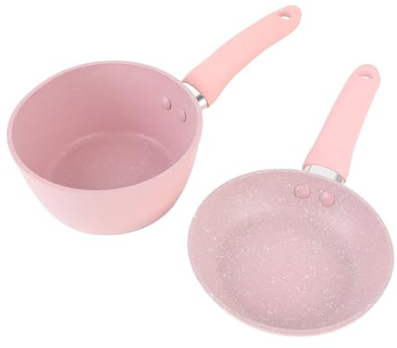 2 Pcs Frying Pan Saucepan Set, Lightweight Non Stick Small Milk Pot, Pink Kitchen Cookware Set for Kitchen Cooking Soup Milk Eggs Noodles, Heats Uniformly and Removable Handle