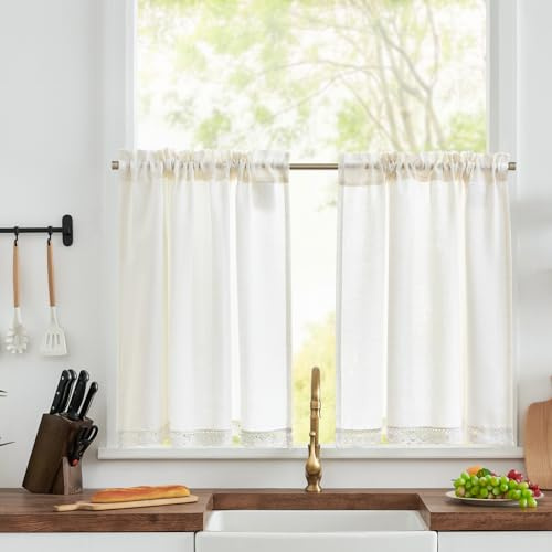 TOPICK Scheibengardinen Spitzen modern Bistrogardinen 2er Set H75xB90 Weiß | Blickdicht Küchenvorhänge Leinenoptik Lichtdurchlässig Schrank Kurzgardine Küchfenster landhausstil küchengardine Wohnzimmer