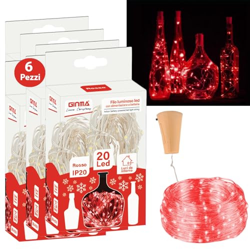 GINMA Set 6 Fili Luminosi 20 LED Tappo a Batteria con Cavo Trasparente – Catena Luminosa Decorativa per Interni ed Esterni, Lucine LED per Natale, Bottiglie (Rosso Rubino, 2 Metri (20 LED) TAPPO)