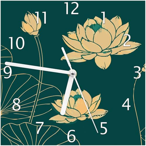 Wallario Design-Wanduhr Lotusblüten im Linienstil aus Glas, Motiv-Uhr Größe 20 x 20 cm, weiße Zeiger