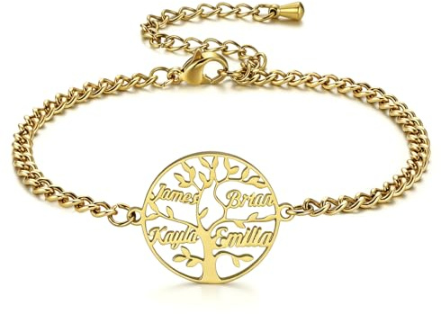 MunkiMix Bracelet Arbre de Vie Personnalisé pour Femme Bracelets de Famille en Acier Inoxydable avec Gravure de Noms Cadeaux Arbre de Vie pour Maman Fille Mamie