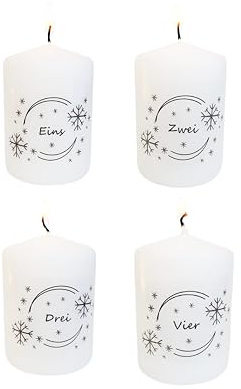 Adventskerzen 4er Set 4x Stumpenkerzen mit Zahlen weiß Motiv | Kranz Schneeflocke Weihnachtsdekoration Schmucks HOME decona