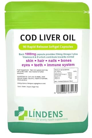 Lindens Cod Liver Oil 1000mg 2-Pack 180 Capsules with Vitamin A & D