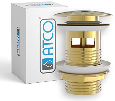 ATCO® Ablaufventil PU20 mit Überlauf Pop-Up Ventil Ablauf Ablaufgarnitur Siphon Excenter Exzenter Abfluss Klick-Ventil Waschtisch Waschbecken mit Überlauf gold Vergoldet