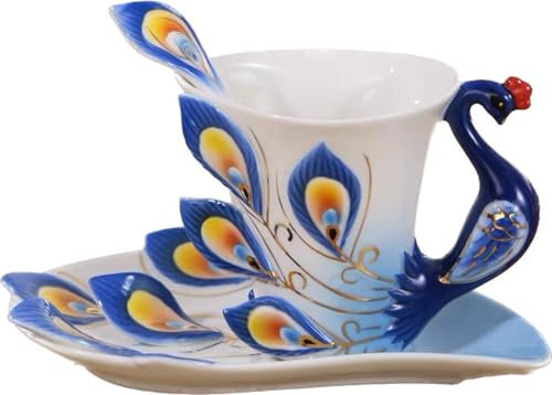YBK Tech Lucky Cup Creative 3D Peacock Cup and Saucer Set, 6.8oz Coffee Cup (Blue)