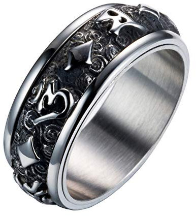 PAMTIER Herren Edelstahl Buddhist Sechs Text Schriften Spinner Ring Silber Schwarz Größe 57