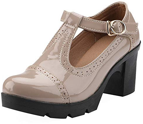 ANUFER Donna Medio Tacco a Blocco T-Cinghia Brogues Pumps Mary Janes Uniforme Ufficio Scarpe da Sera Nuda SN020216 EU38.5