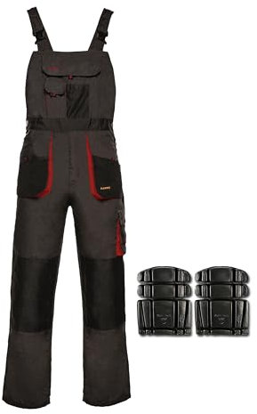 ART.MAS Classic Bib and Brace Dungaree Overalls, Grey-Red, Pro Wear Workwear, S-3XL Size - Multipockets, Pocket For Knee Pads, Durable Triple Stitched Seams, 2xKnee Pads included (44/46 Inch - 62 EU)
