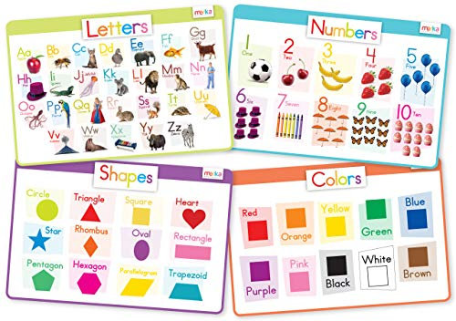 Merka Tischsets für Kinder, Tischsets für Kleinkinder, rutschfeste Einweg-Tischsets für Kleinkinder, Buchstaben, Zahlen, Formen und Farben, Alphabet, 4er-Set