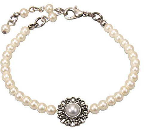 Alpenflüstern Perlen-Trachten-Armkette Helena - Damen-Trachtenschmuck mit antik-silber-farbenem Trachten-Ornament, elastische Trachten-Armkette, Perlenarmband (creme-weiß) DAB076