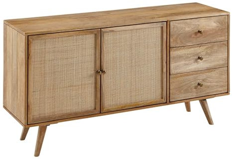 Wohnling Design Sideboard 140x75x40 cm Mango Massivholz/Rattan, Kommode 3 Schubladen, Hoher Kommodenschrank Holz Massiv, Standschrank Wohnzimmer, 2 Türfächer Rohrgeflecht