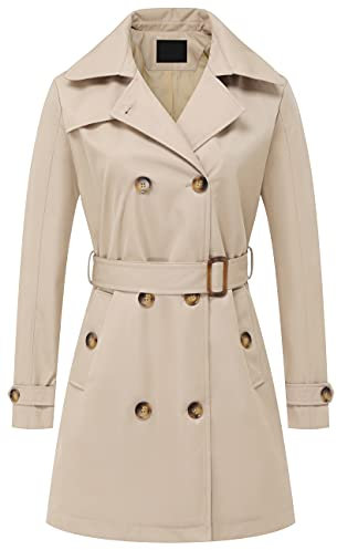 Chrisuno Zweireihiger Trenchcoat für Damen, mittellang, mit Gürtel, langer Mantel, Jacke mit abnehmbarer Kapuze, Khaki, S