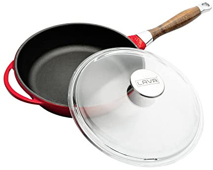 Lava Metall runde Bratpfanne mit Glasdeckel aus Holz, 24 cm, rot