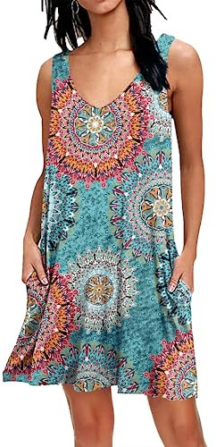 AUSELILY Sommerkleid Damen Ärmellose Strandkleid Leicht Swing Kleid V Ausschnitt Mini Kleid mit Taschen 01 Grün Drucken XXL