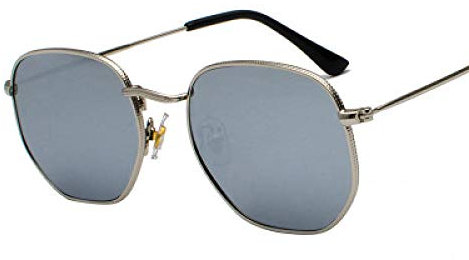 WQZYY&ASDCD Sonnenbrille Herren Damen Männer Square Sunglases Hexagon Frauen Metallrahmen Angelbrille Goldgrau Brille-Silber