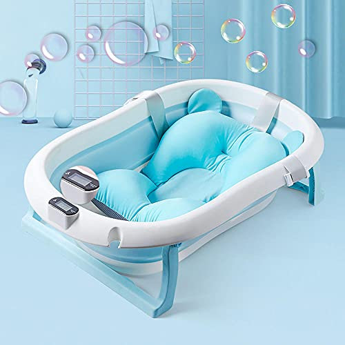 Bañera Plegable De Bebe Soporte Para Asiento De Baño Para Recién Nacidos Soporte Para Cojín Flotante Suave Piscina Soporte Para 0-12 Meses-Azul + Con Termómetro + Almohadilla Flotante