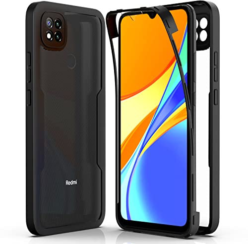 AICEK Kompatibel mit Xiaomi Redmi 9C Hülle, 360 Grad Full Body Handyhülle für Redmi 9C TPU Case Bumper mit Displayschutz Schutzfolie Stoßfest Schutzhülle Schwarz