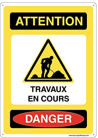 AUA SIGNALETIQUE - Panneau Prépercé (4 Trous) avec Angles arrondis - PVC Rigide 1.5 mm - (210x300 mm, Attention Travaux en Cours)