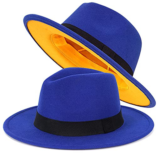 FADACHY Trendige Fedora-Hüte für Damen und Herren, breite Krempe, Filzhut, Kleid, Panama-Hut, zweifarbig, Fedora, Ein blau-gelb, Large