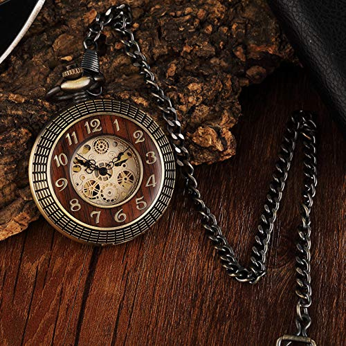 HODAGES Taschenuhr Vintage Holz Kreis geschnitzt Nummer Zifferblatt mechanische Taschenuhr Männer einzigartige Hohle Steampunk Bronze mechanische Uhr Uhren Kette