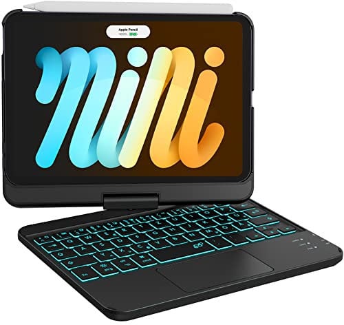 Earto iPad mini 7 Hülle mit Tastatur, Smart Trackpad, 7 Farben Tastatur mit Hintergrundbeleuchtung, 360° drehbar, Kompatibel mit iPad mini 7/6 Generation 8,3 Zoll 2024/2021, QWERTZ Layout, Schwarz