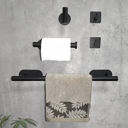 yozhch Bathroom Towel Rail Set, Self Adhesive Toilet Roll Holder and Towel Rack, 3 Towel Robe Hook, 5 Pieces Bath Hardware Accessories No Drilling 40cm Towel Bar Kit (Matte Black)